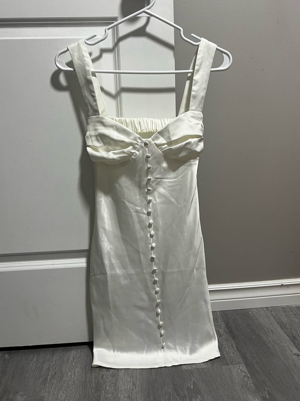 Peppermayo White Satin Button-Front Mini Dress